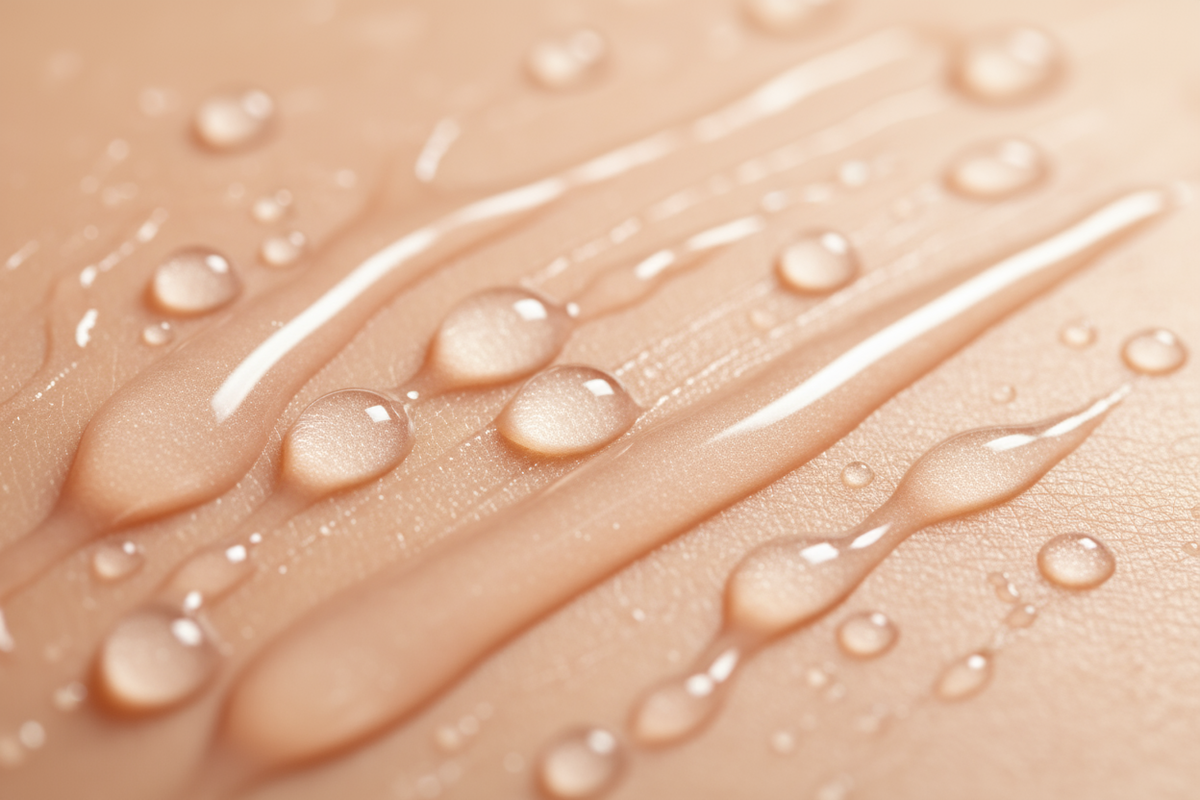 Close-up image for Hydrating Base Complex. Dewy water droplets merging into smooth, silky lotion texture on skin-toned surface. Bright hydration aesthetic with soft peach or light beige tones. Focus on moisture, radiance, and comfort — modern, fresh, clean luxury skincare look. make it elegant