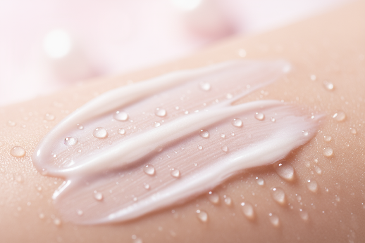 Close-up of the sunscreen texture melting into skin, or soft water droplets with pink glow (using your brand color #ff8293 subtly).