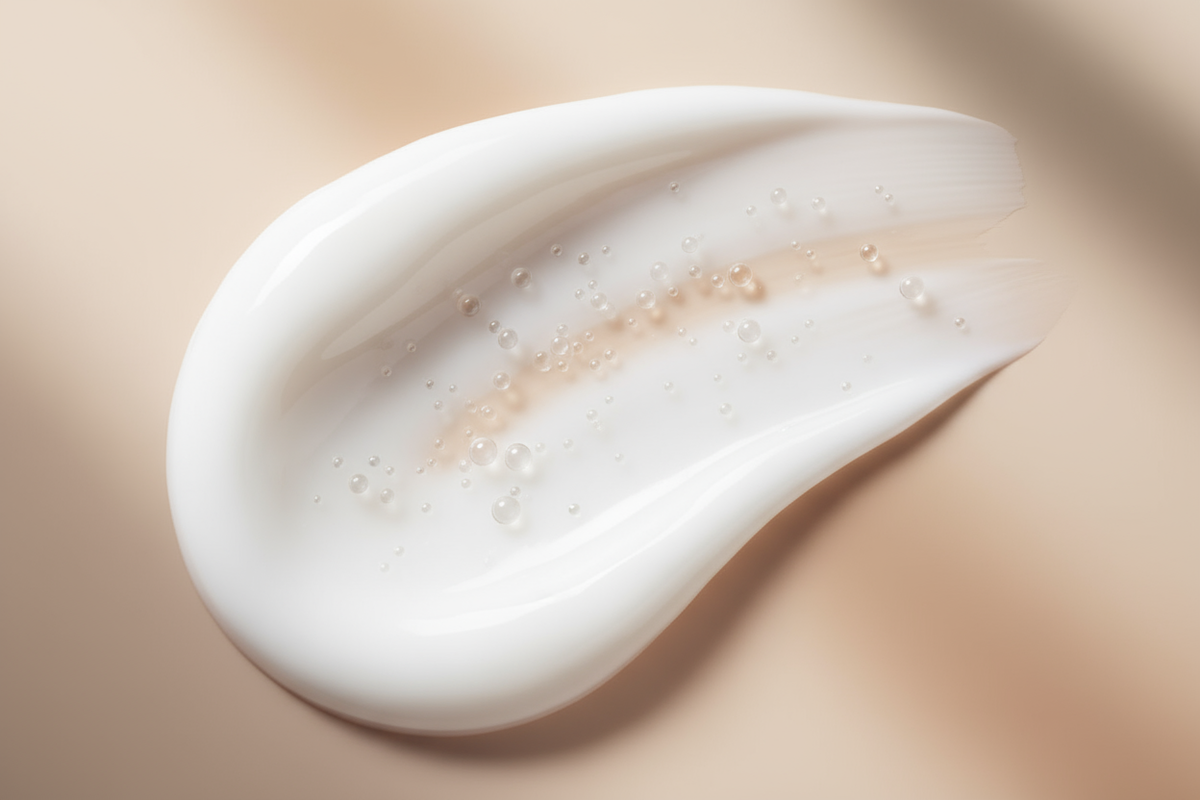 Elegant macro skincare visual for Barrier-Boosting Actives. Creamy white lotion texture with small spherical lipid-like molecules symbolizing ceramides and peptides. Soft beige or nude background, diffused lighting, calm and scientific tone. Feels nourishing, barrier-protective, and dermatologically advanced.