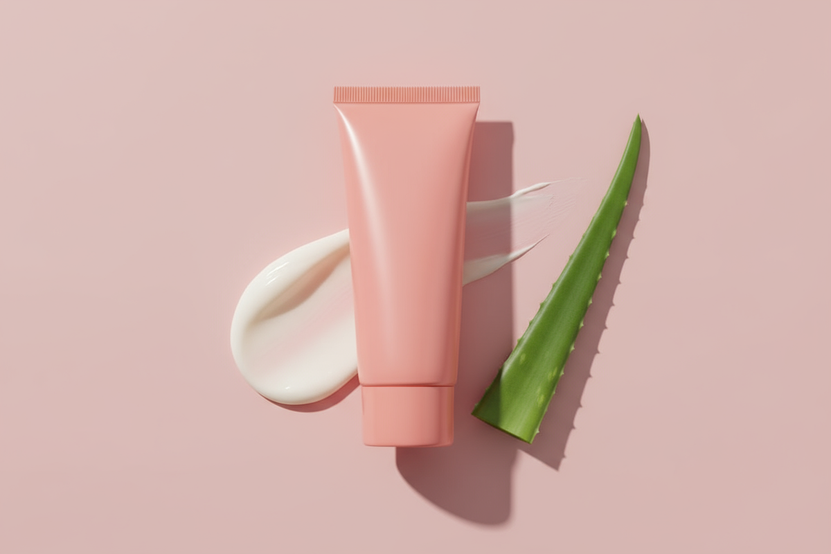 Minimal luxury skincare flatlay for Non-Comedogenic & Gentle. Soft pastel pink background, gentle cream swirl, and botanical leaf accent (e.g., aloe or green leaf). Clean, airy, and soothing composition that conveys safety, simplicity, and daily comfort. Feature a cosmetic tube in ##ff8293 shade no text